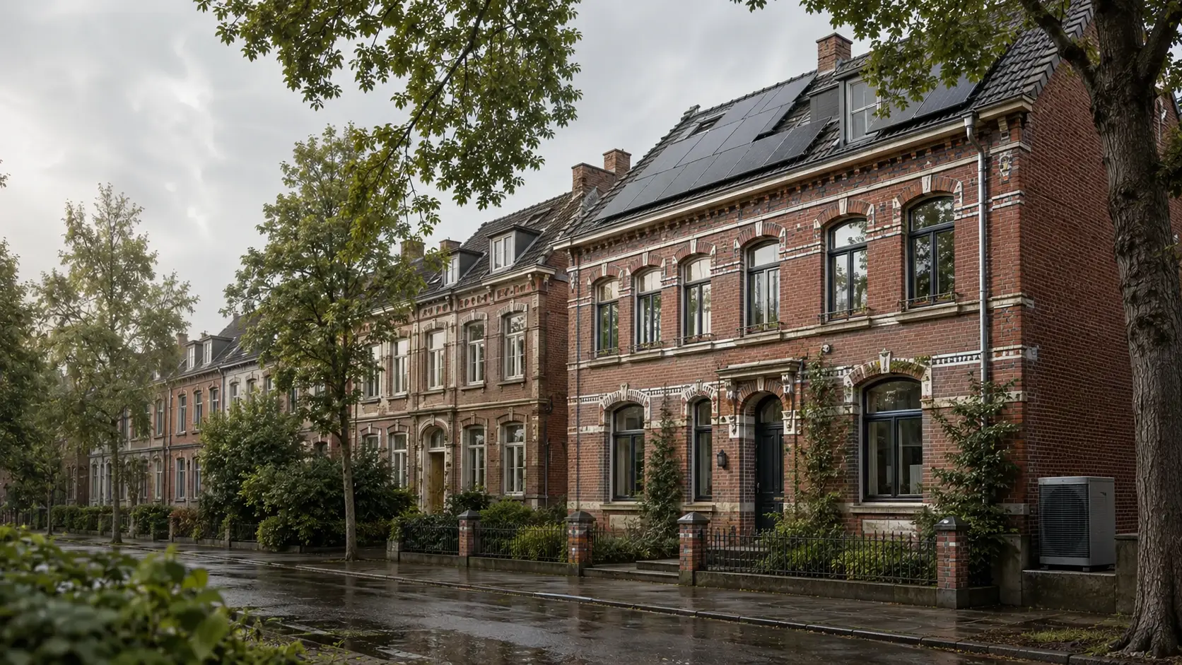 Energetisch modernisierte Altbremer Häuser mit Solaranlage und Wärmepumpe an einer begrünten Straße